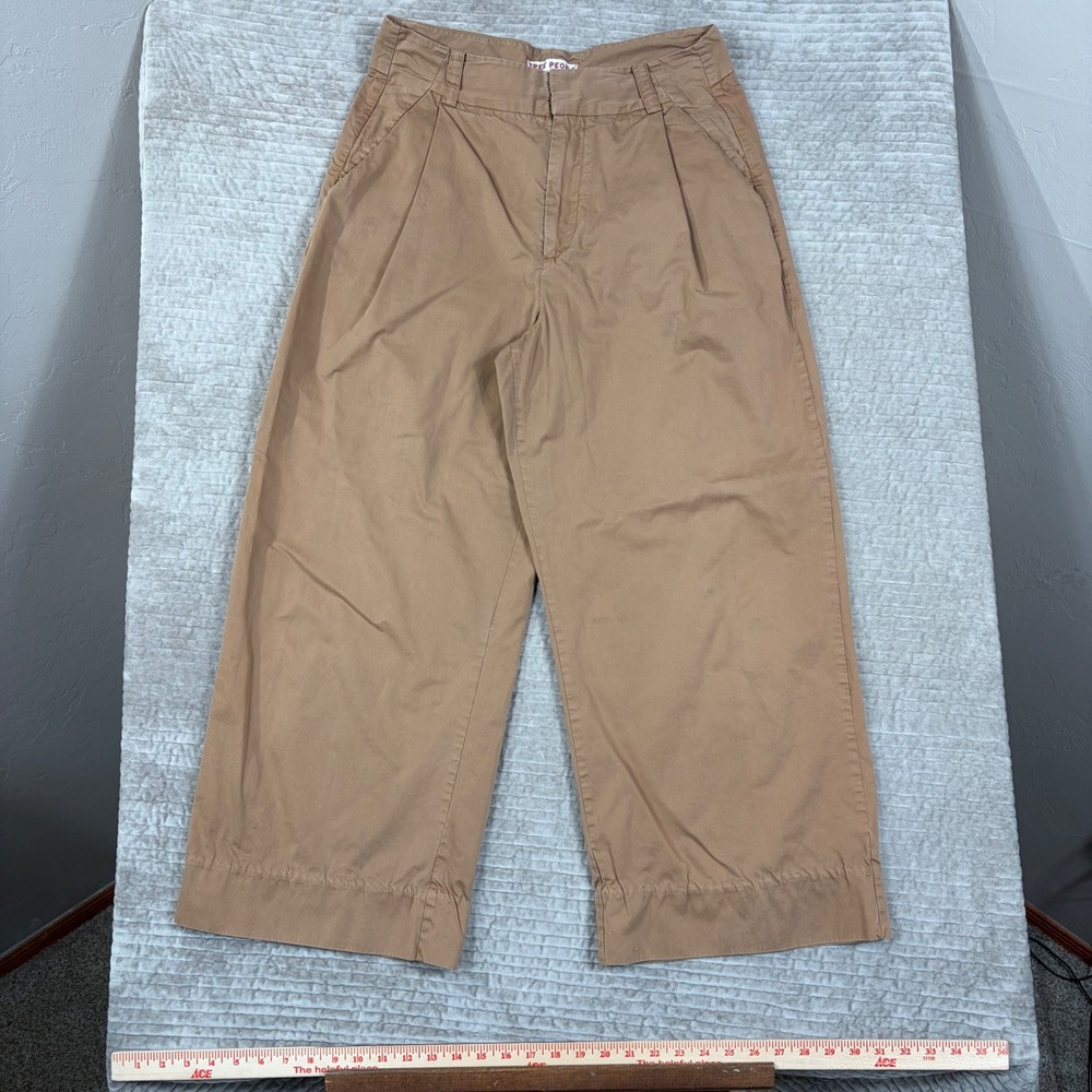Free People Tan Cotton Wide Leg Pleated Cinch Back Trousers Pants Size 10